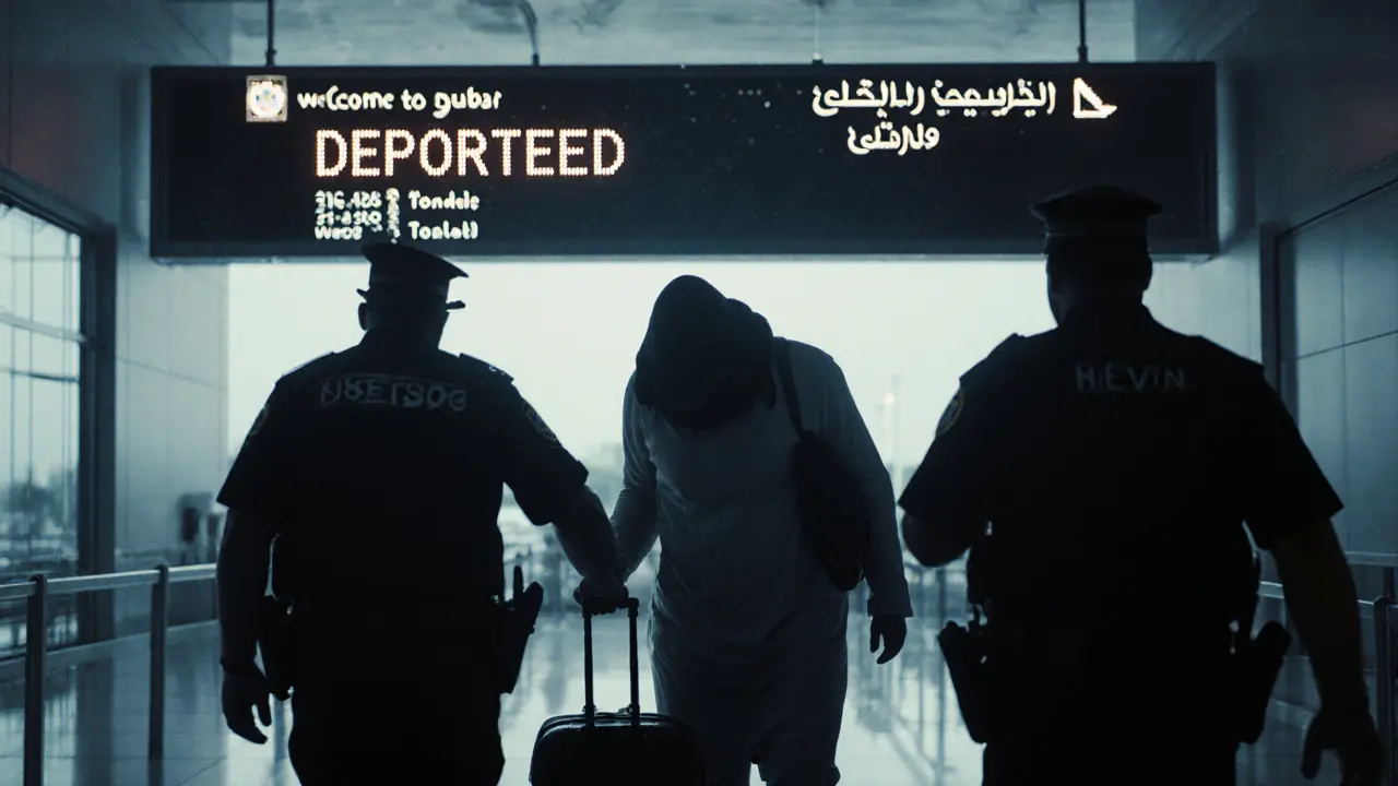 A man is led away by police at Dubai airport, his suitcase beside him as a &#039;Welcome to Dubai&#039; sign glows behind.
