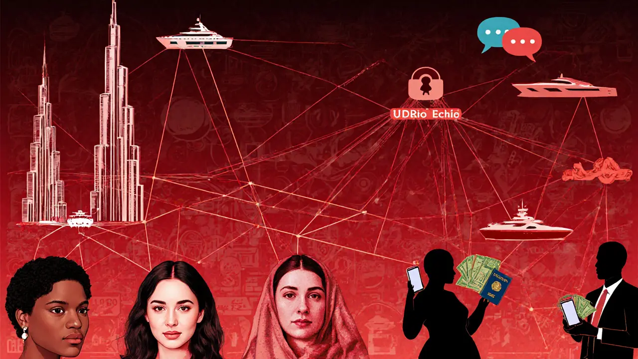 A web of red threads connects Dubai landmarks to trafficked women, leading to shadowy figures holding cash, crypto, and passports.