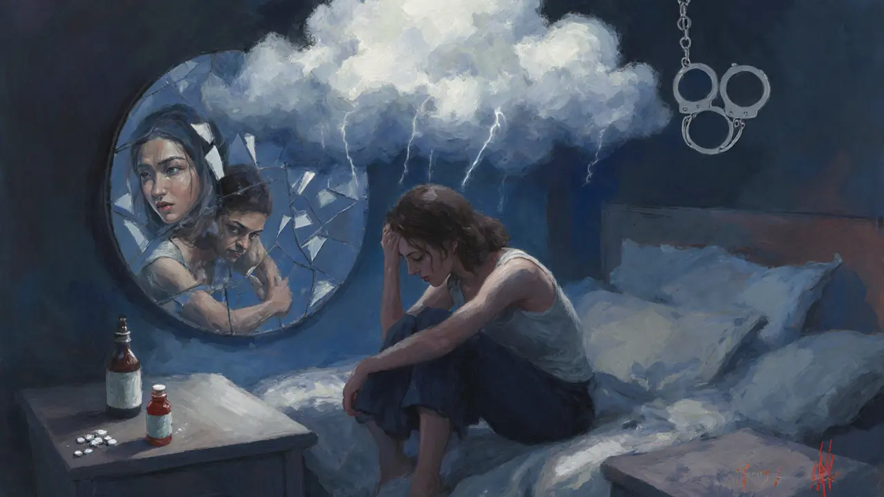 A woman surrounded by storm clouds, broken mirrors, and pills symbolizing mental distress.