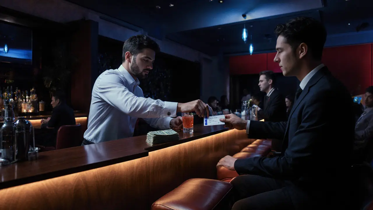 Bartender handing a drink ticket while a patron pays with a card.