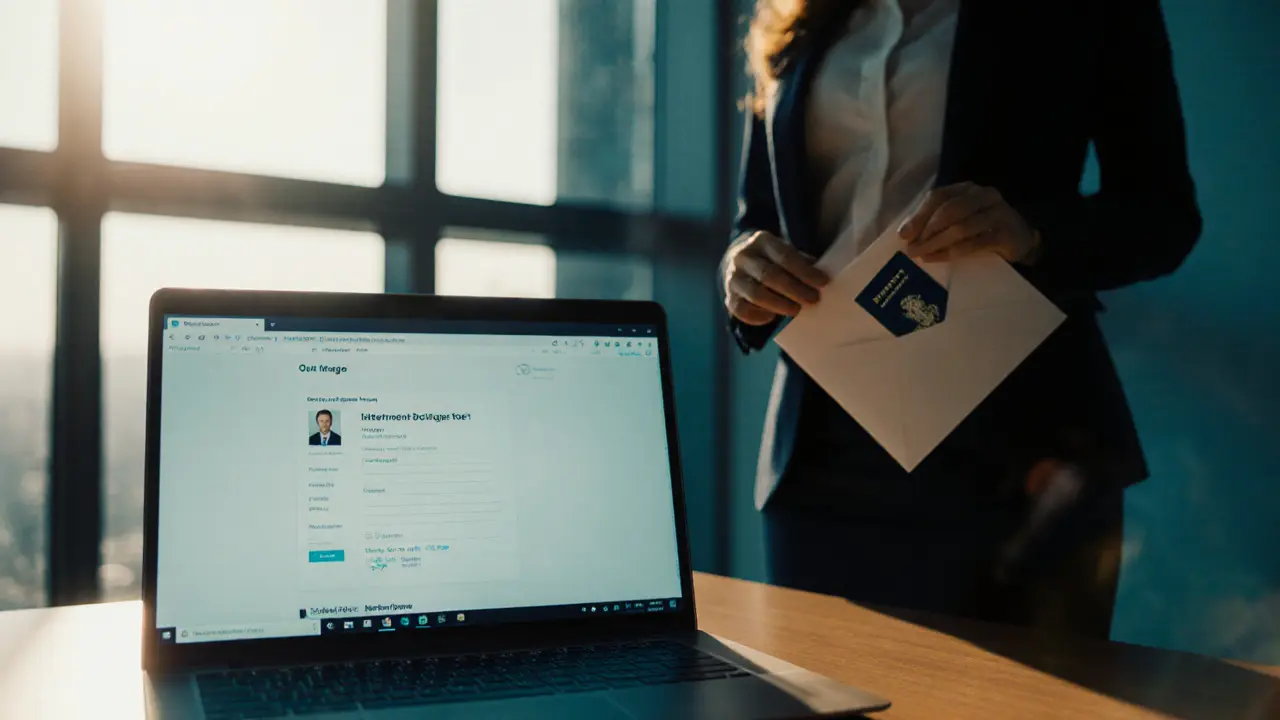 Close‑up of laptop and envelope on desk, suggesting verification process.