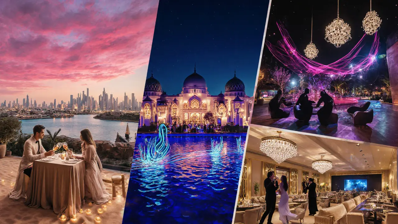 Collage showing Level 43, Al Qasr waterfront, White Dubai club, At.mosphere, and Billionaire Mansion.