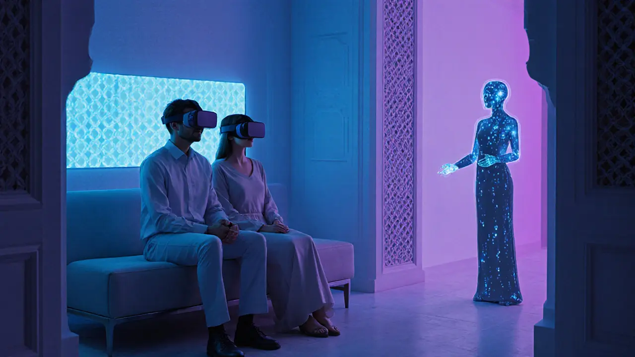 Couple wearing VR headsets in a futuristic Dubai wellness suite with holographic AI assistant.