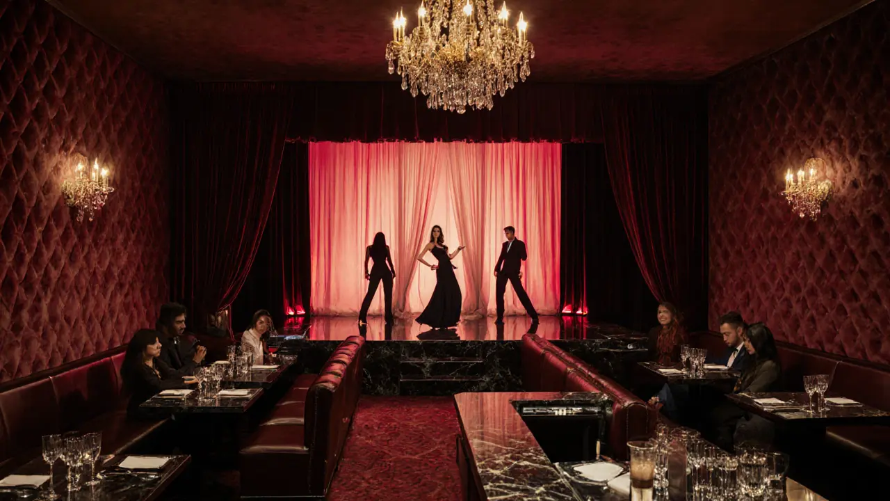 Elegant interior of a Dubai high‑end lounge with dim lighting, bar, and stage silhouettes.