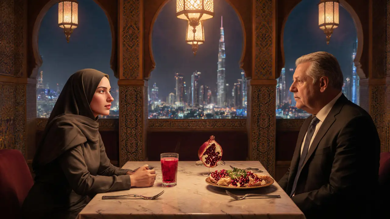 Elegant restaurant dinner with an escort and businessman sharing cultural conversation.