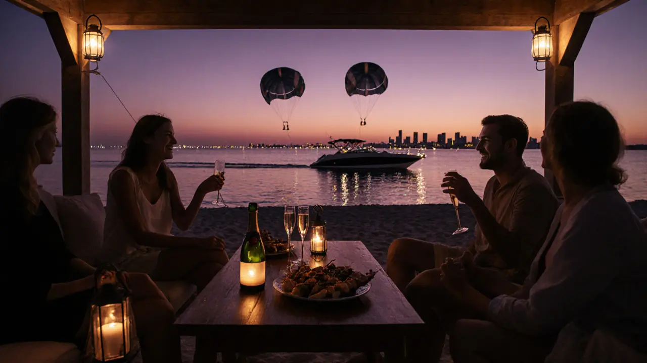 Evening celebration on beach cabana with champagne, lanterns, and sunset.
