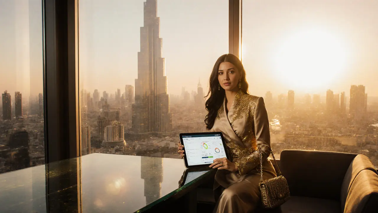 Fashionable portrait of a woman with a tablet on a rooftop lounge with Burj Khalifa behind.