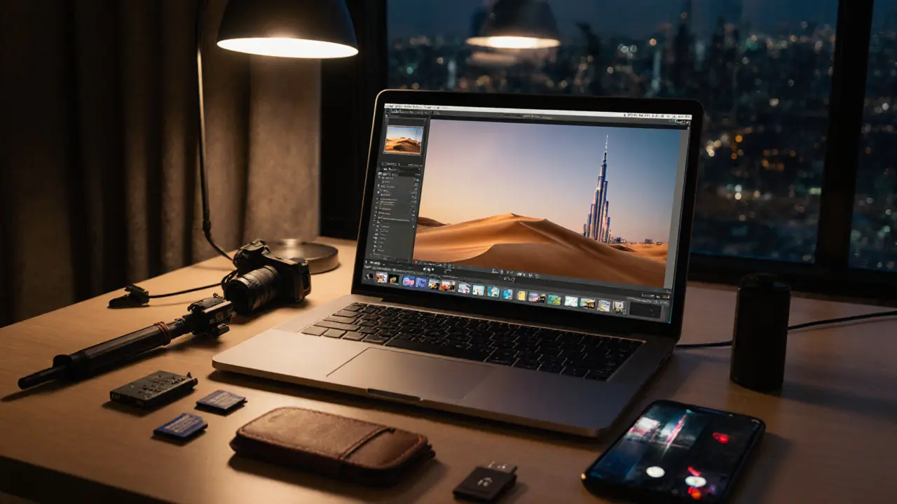 Flat‑lay of laptop, phone, gear, and leather USB drive for editing party media.