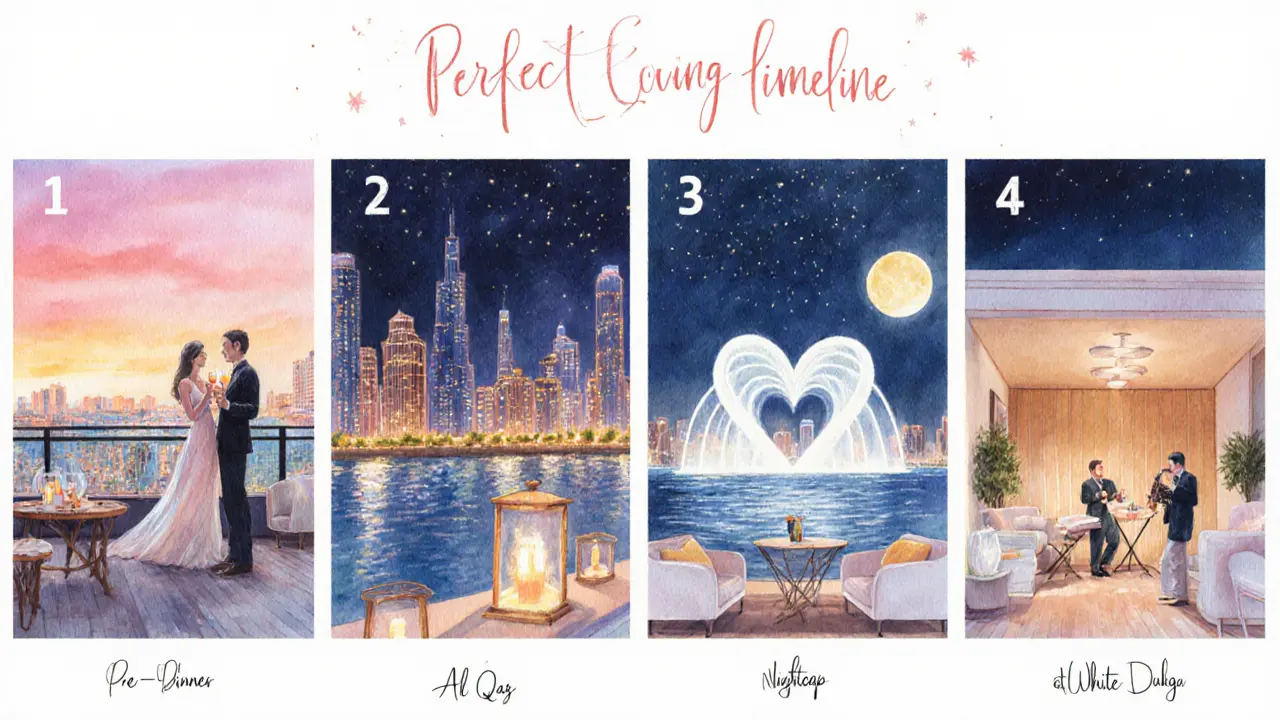 Four‑panel watercolor of a couple's evening: rooftop drinks, dinner by creek, fountain stroll, lounge nightcap.