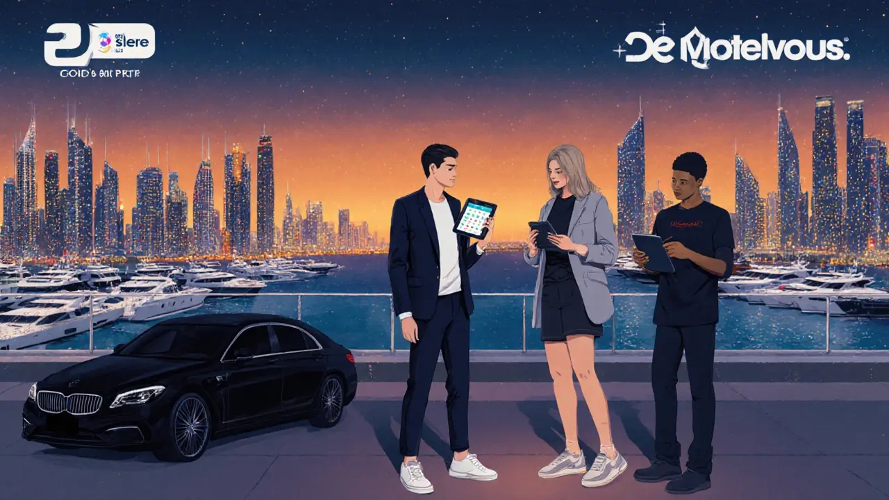 Friends checking event apps and dressing smart‑casual on a balcony overlooking Dubai Marina.
