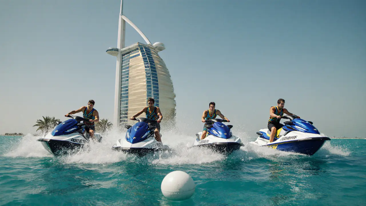 Friends racing jet skis near Burj Al Arab with water spray and bright sun.