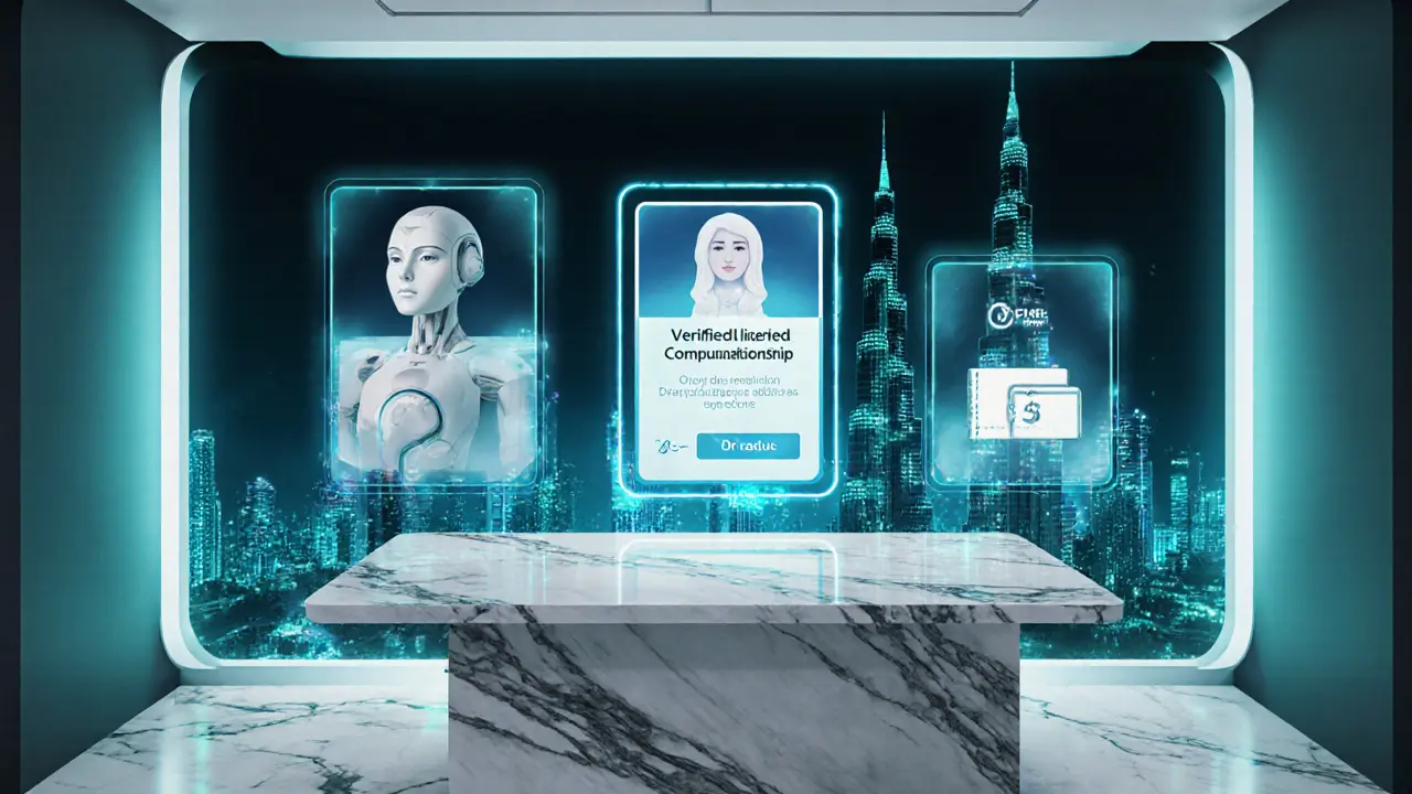 Futuristic scene of holographic AI verification and crypto wallet in a regulated companionship office.