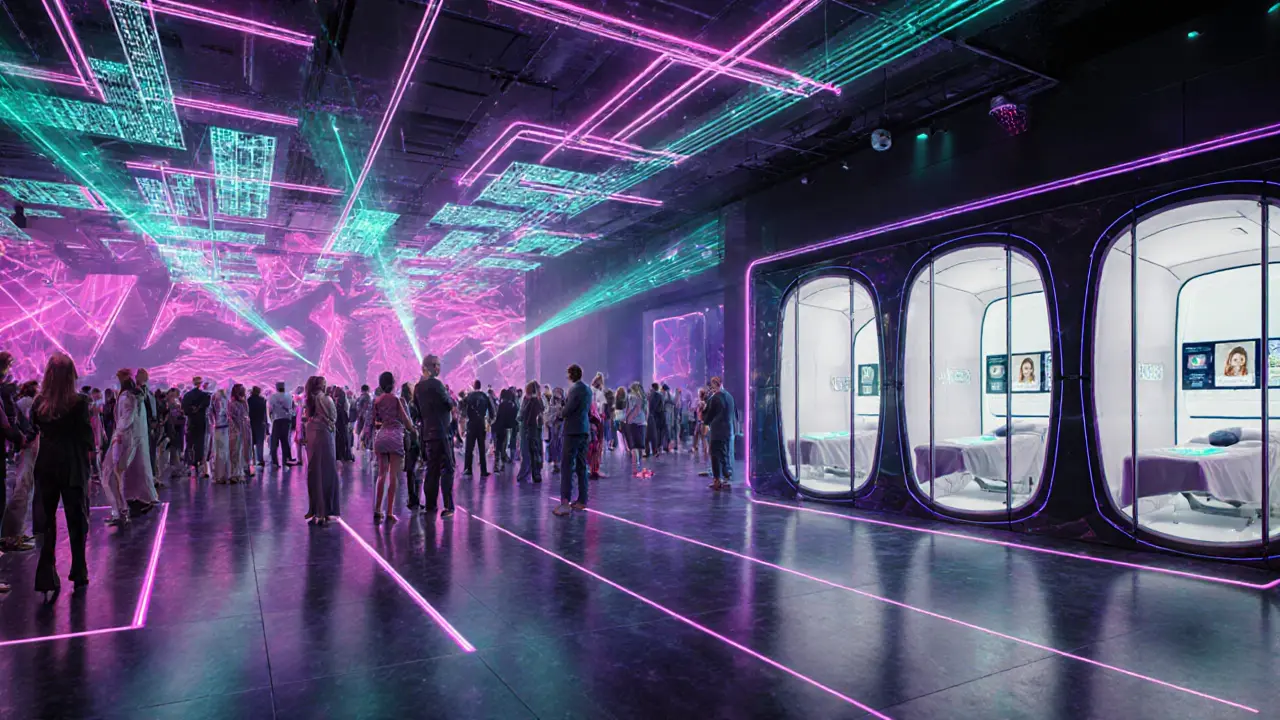 Futuristic venue showing a dance floor alongside high‑tech wellness pods.