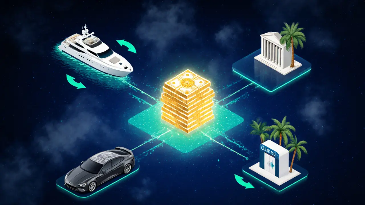 Illustration showing cash flowing to a yacht, watch, car, offshore bank, and money‑changing booth.