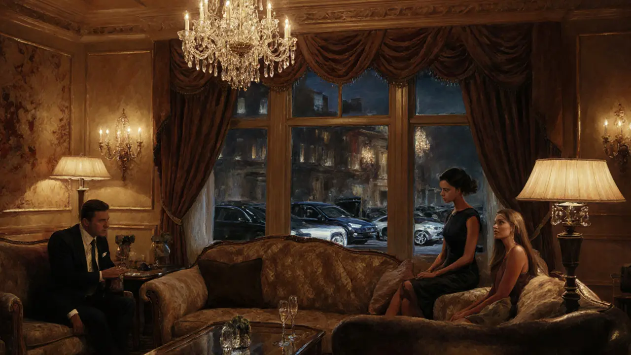 Luxurious hotel lounge with a businessman and woman chatting, champagne on the table, and valet cars outside.