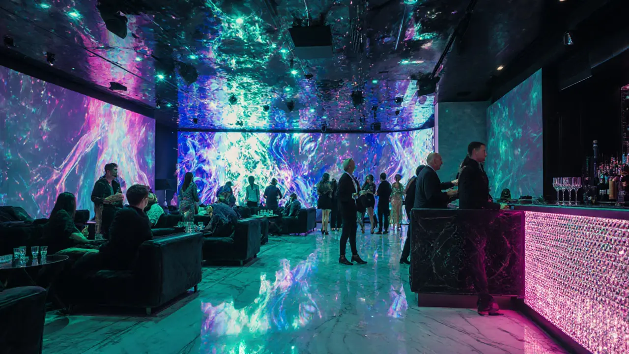 Luxurious interior of White Dubai club with LED visuals, bottle service, and stylish patrons.