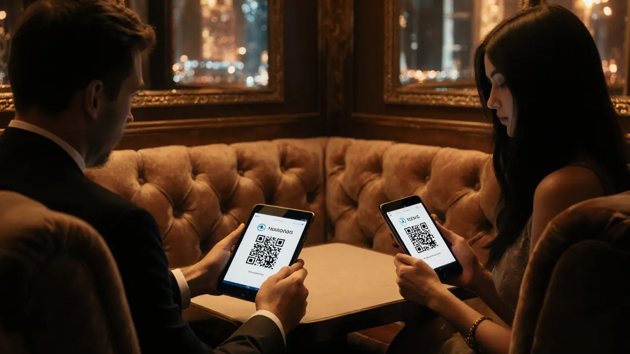 Luxurious lounge booth where a client and escort exchange encrypted messages and a crypto QR code.