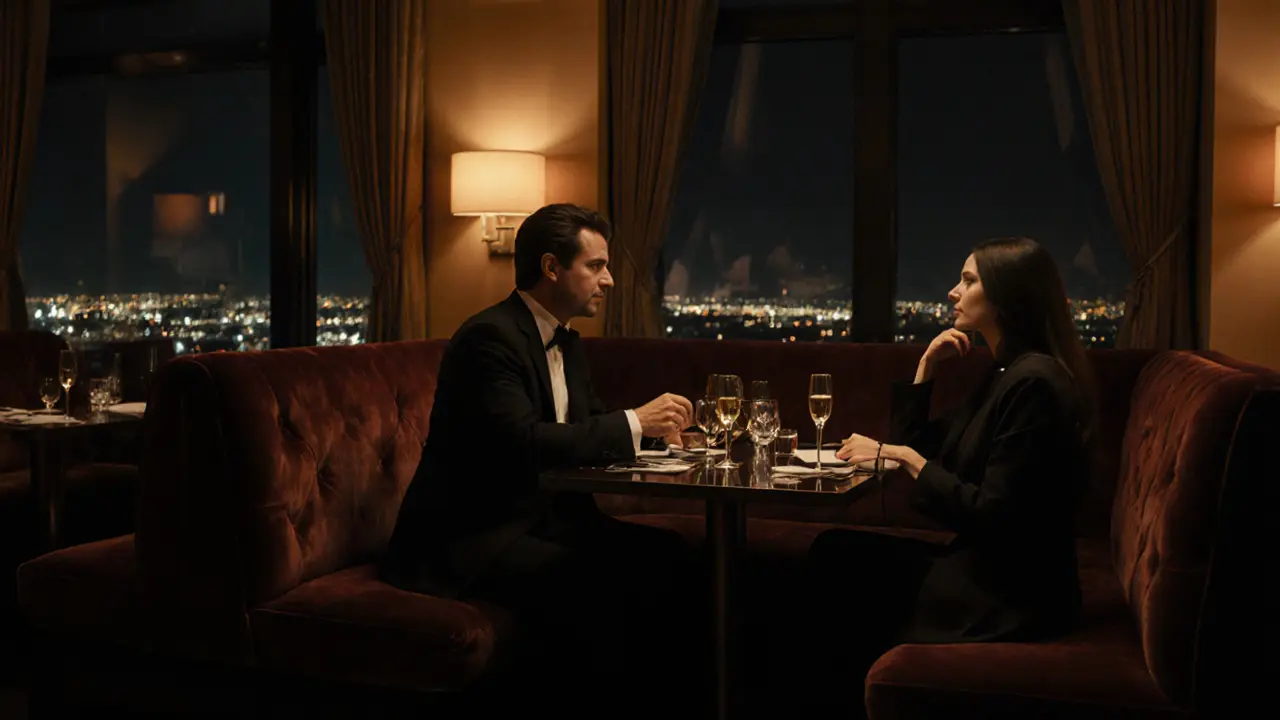 Luxury hotel lounge with a couple sharing a quiet, private moment.