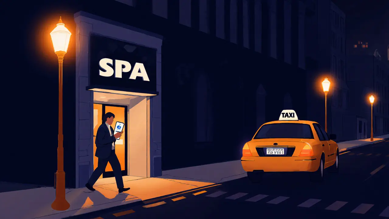 Person leaving a spa at night, flagging a taxi, phone displaying ride‑hailing app.