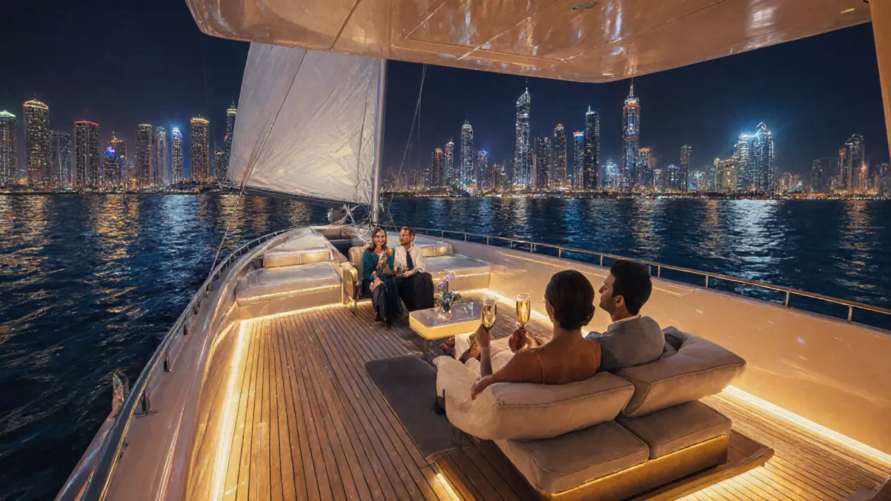 Private yacht at night with couple and escort enjoying champagne on deck.