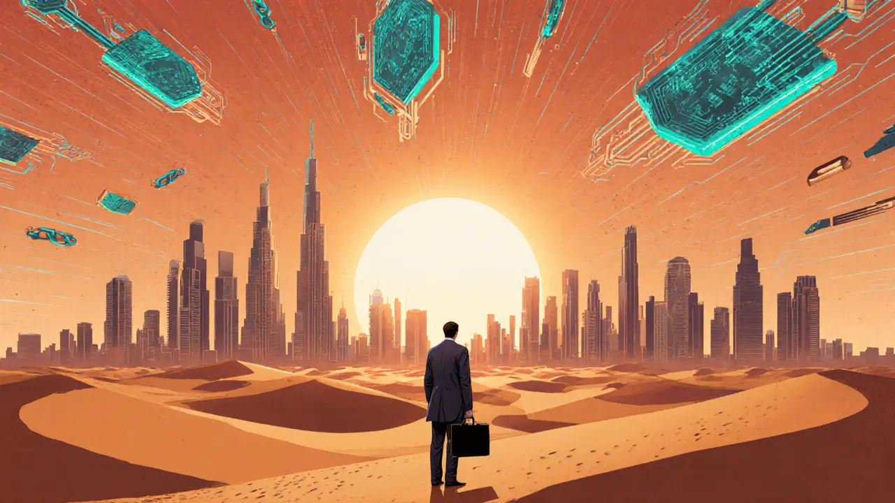 Silhouette of a figure against a sunrise desert cityscape, surrounded by floating blockchain symbols.