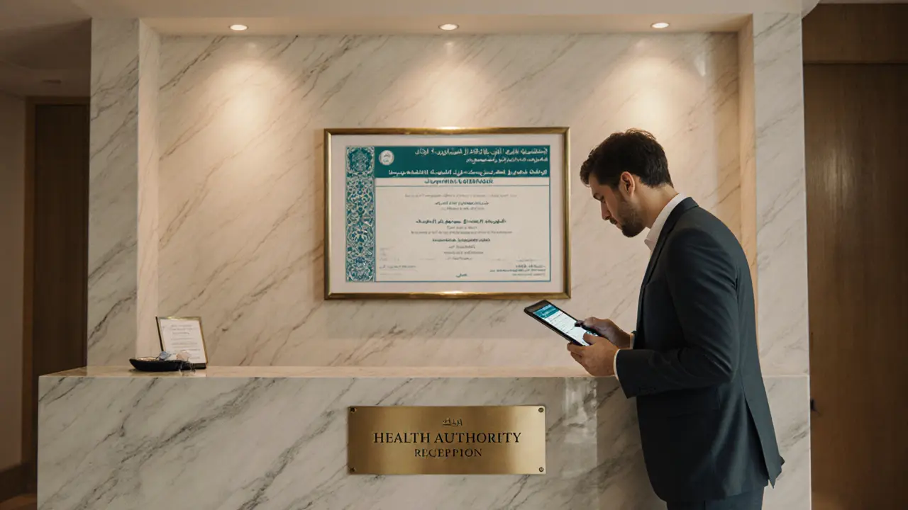 Spa reception desk with visible health license on wall, traveler checking it on a tablet.