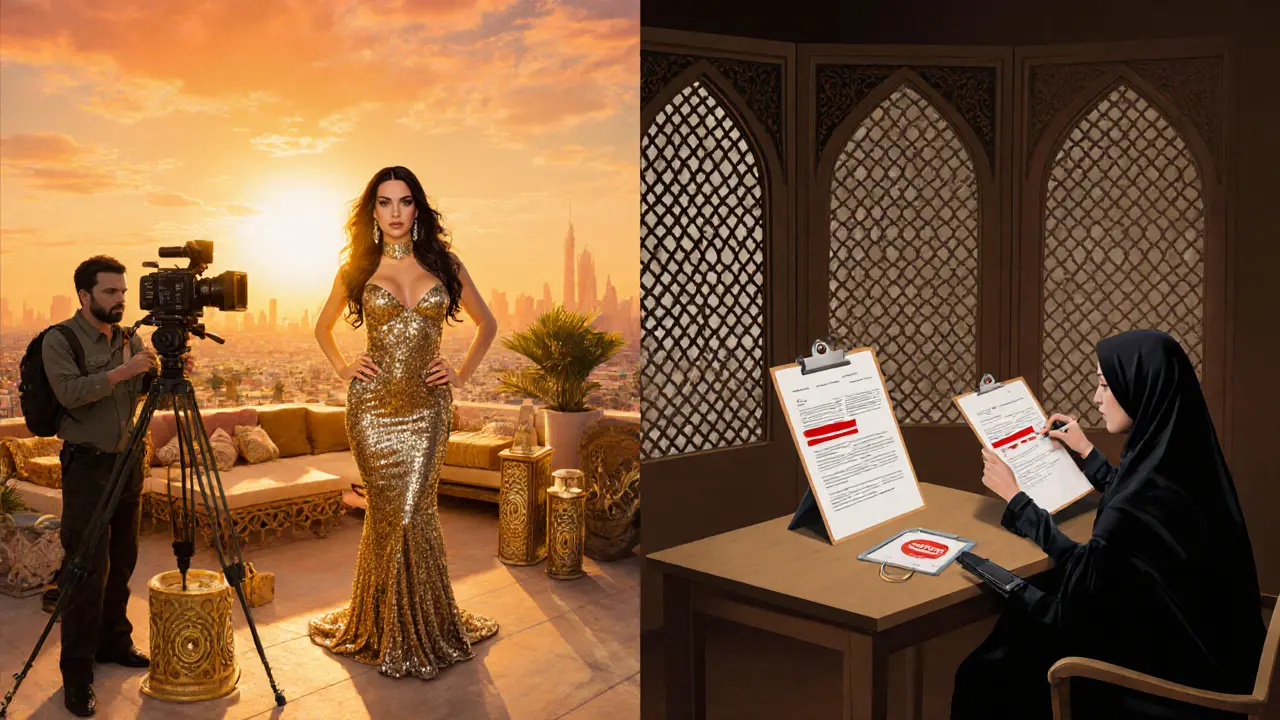 Split screen shows Western rooftop glamour vs. Emirati studio censorship.