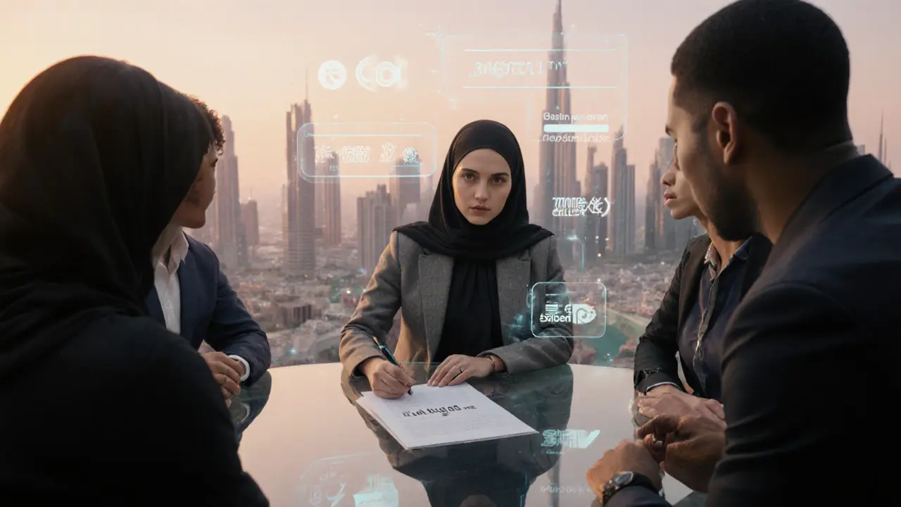 Streaming studio scene with diverse team discussing an empowered Dubai call girl character.