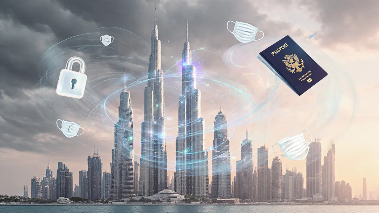 Surreal image of Dubai skyline mixed with holographic locks, masks, and data streams.