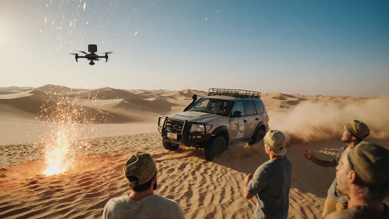 SUV racing over sand dunes with GoPro view and a drone capturing sunrise.