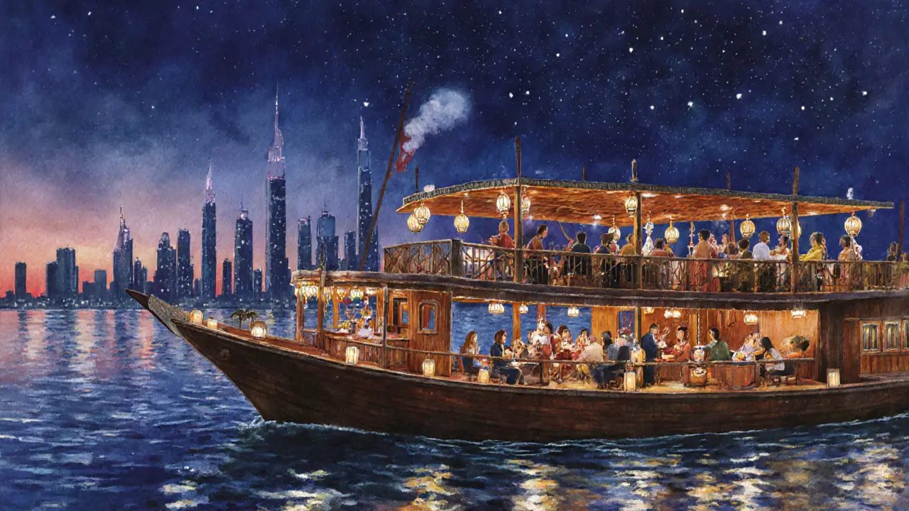 Traditional dhow cruise at twilight with lanterns, shisha, and skyline silhouette under starry sky.