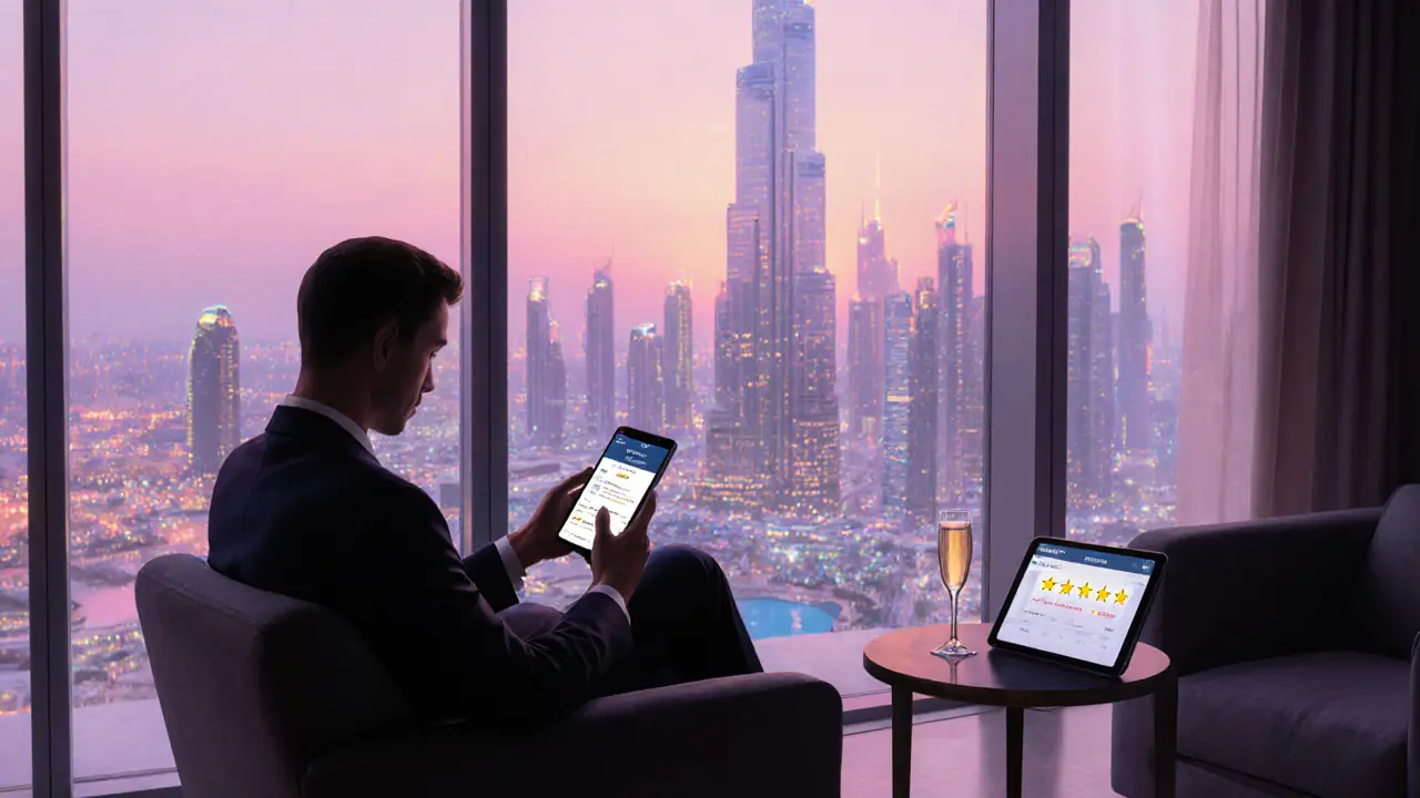 Traveler using a smartphone to book a premium massage, with Dubai skyline at sunset in the background.