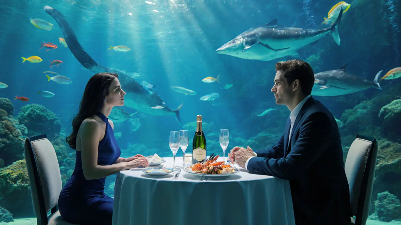 Underwater restaurant table with champagne and a sophisticated companion.