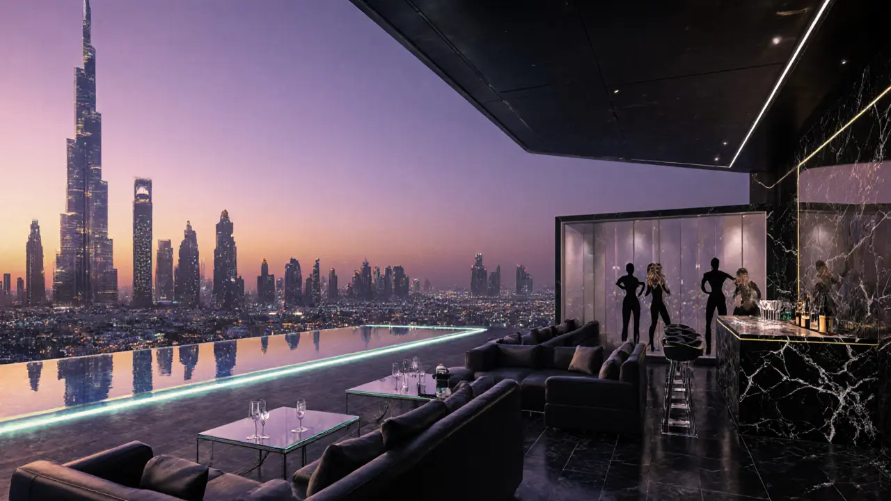 Upscale terrace lounge overlooking Dubai skyline, suggesting premium nightlife.