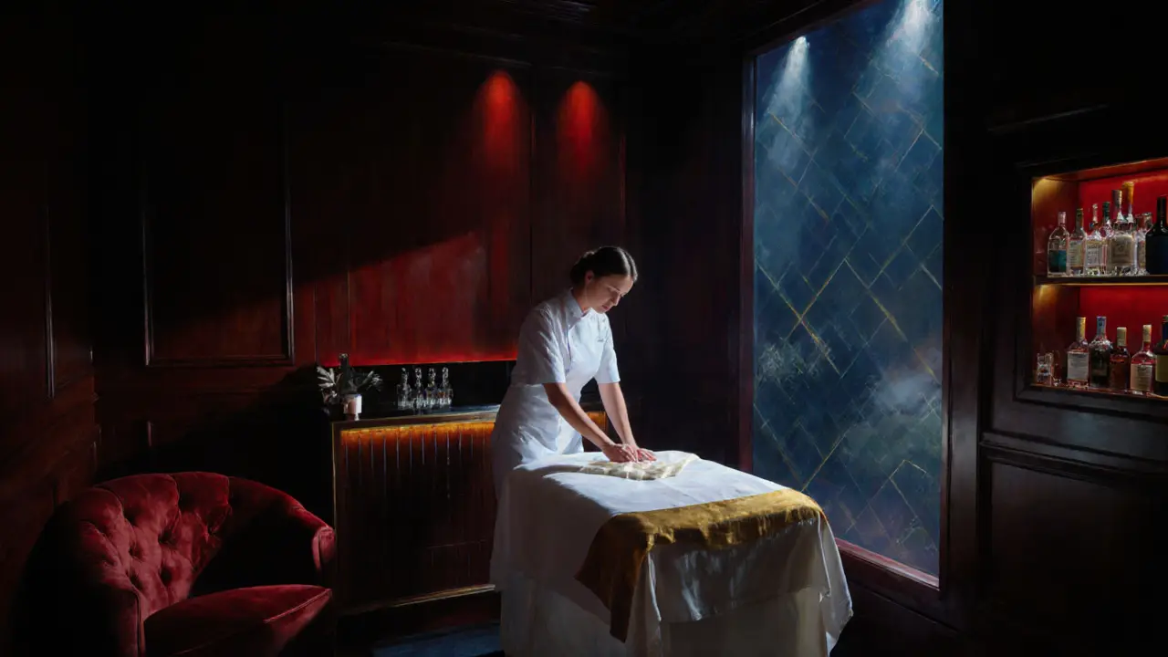 VIP nightclub room with a therapist preparing a luxurious massage setup.