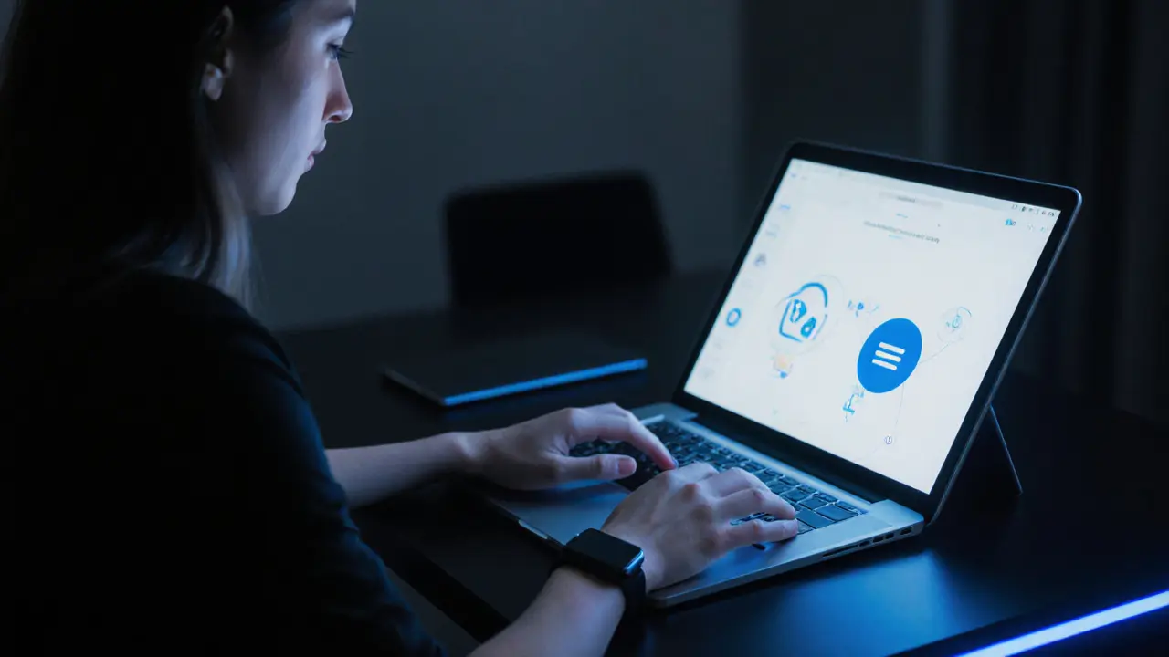 Woman using a laptop in a dim apartment, with glowing encrypted chat icons on the screen.