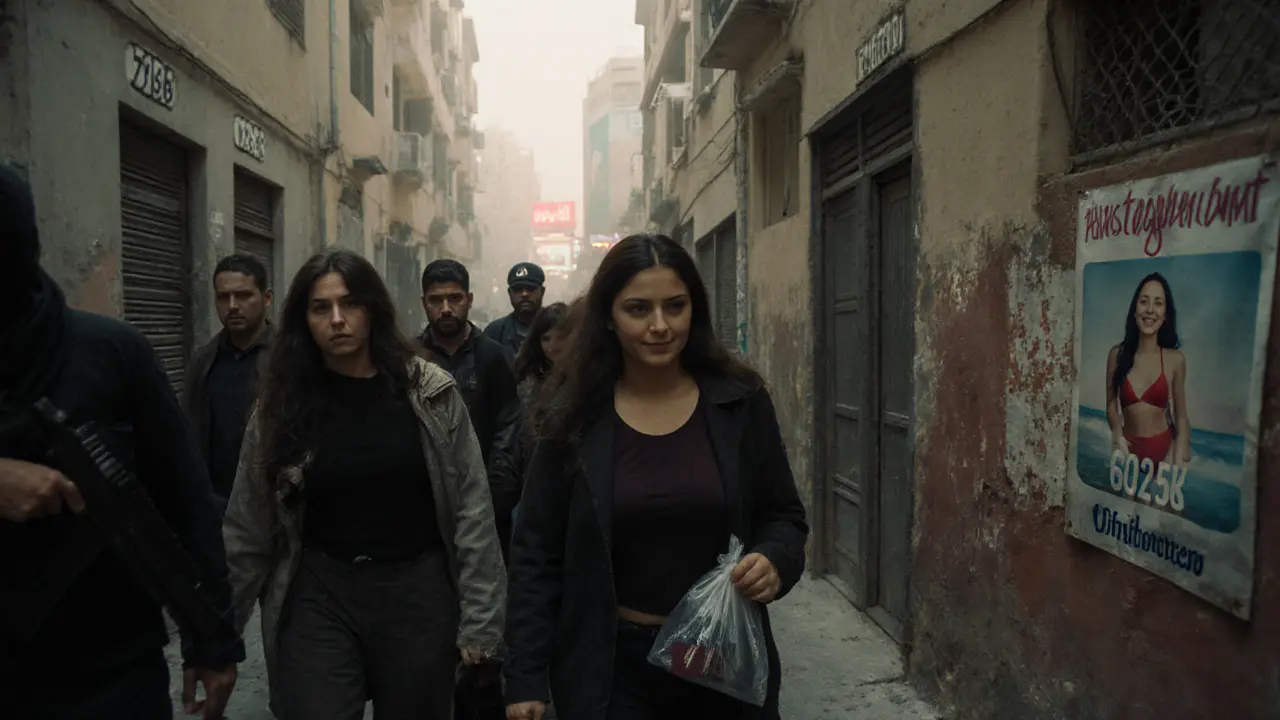 Women are escorted through a Dubai alley at dawn, their documents seized, as a fake Instagram ad fades on the wall behind them.