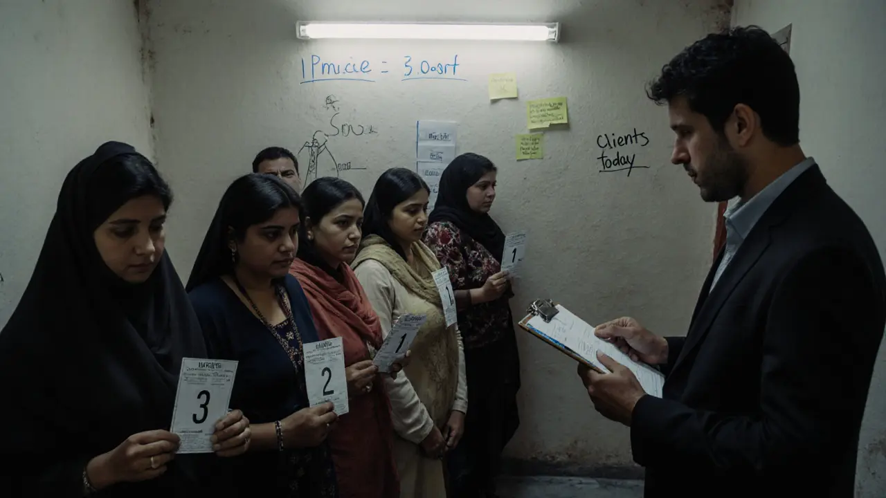 Women from different countries stand in line in a cramped apartment, waiting under harsh lights for clients.
