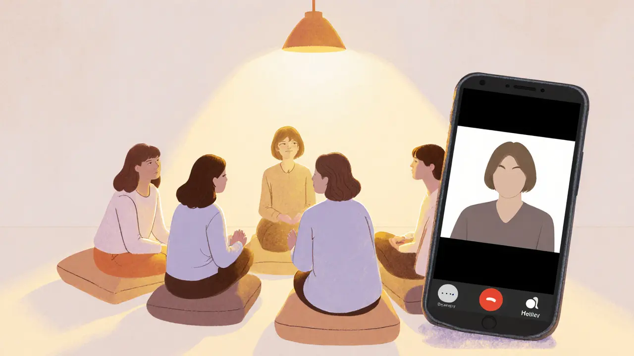 Women in a circle share support, with a phone showing a therapist video call.