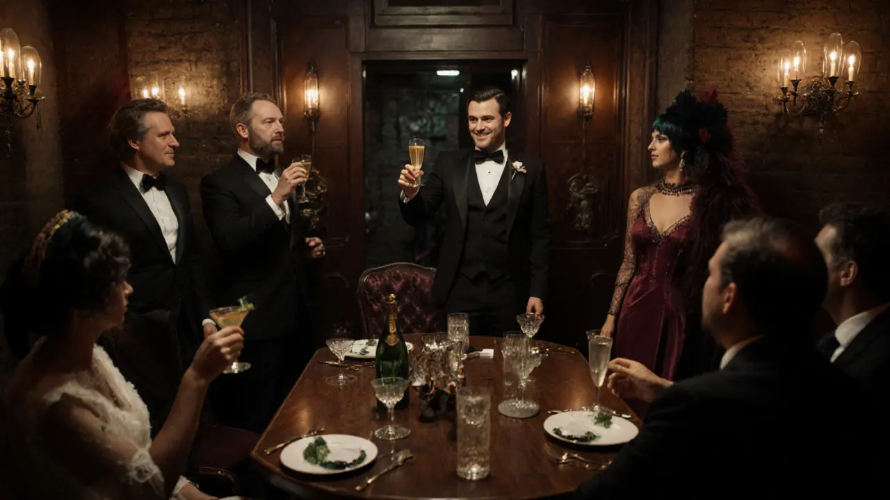 1920s speakeasy party with guests in vintage attire, jazz band, and hidden door leading to a secret dining room.