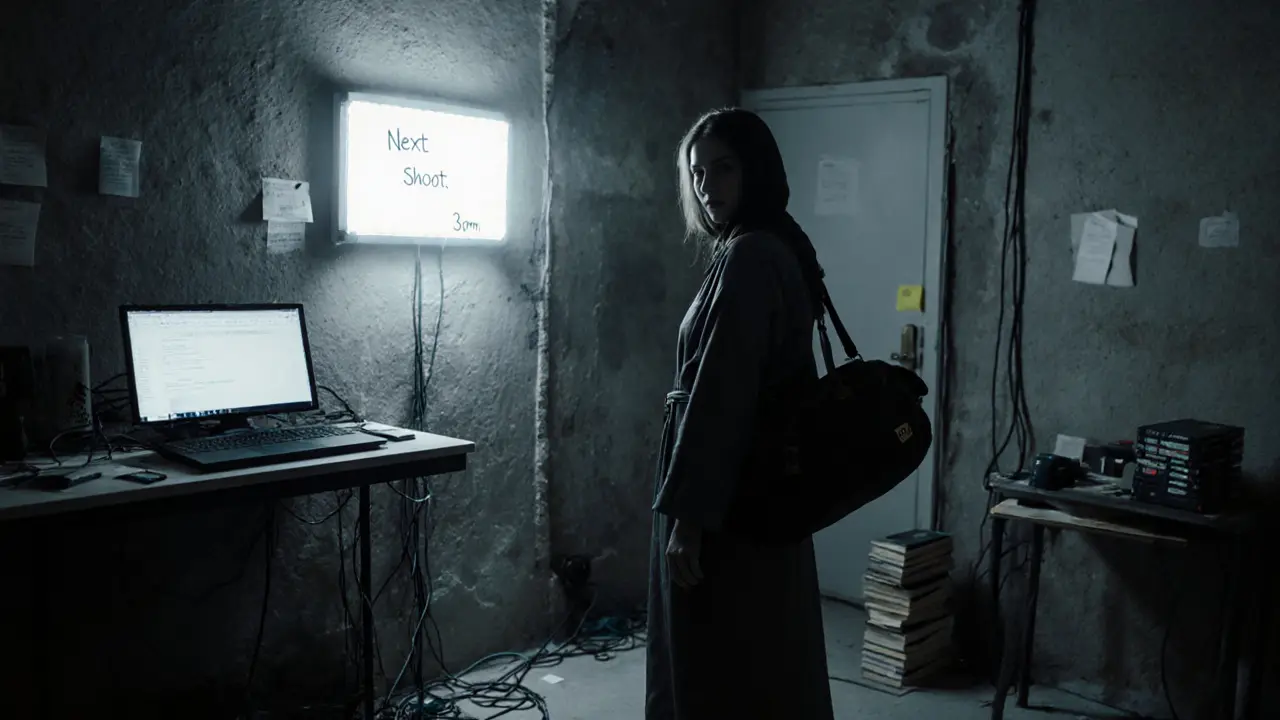 A basement studio with flickering LED lights and SD cards, conveying a hidden adult film production.