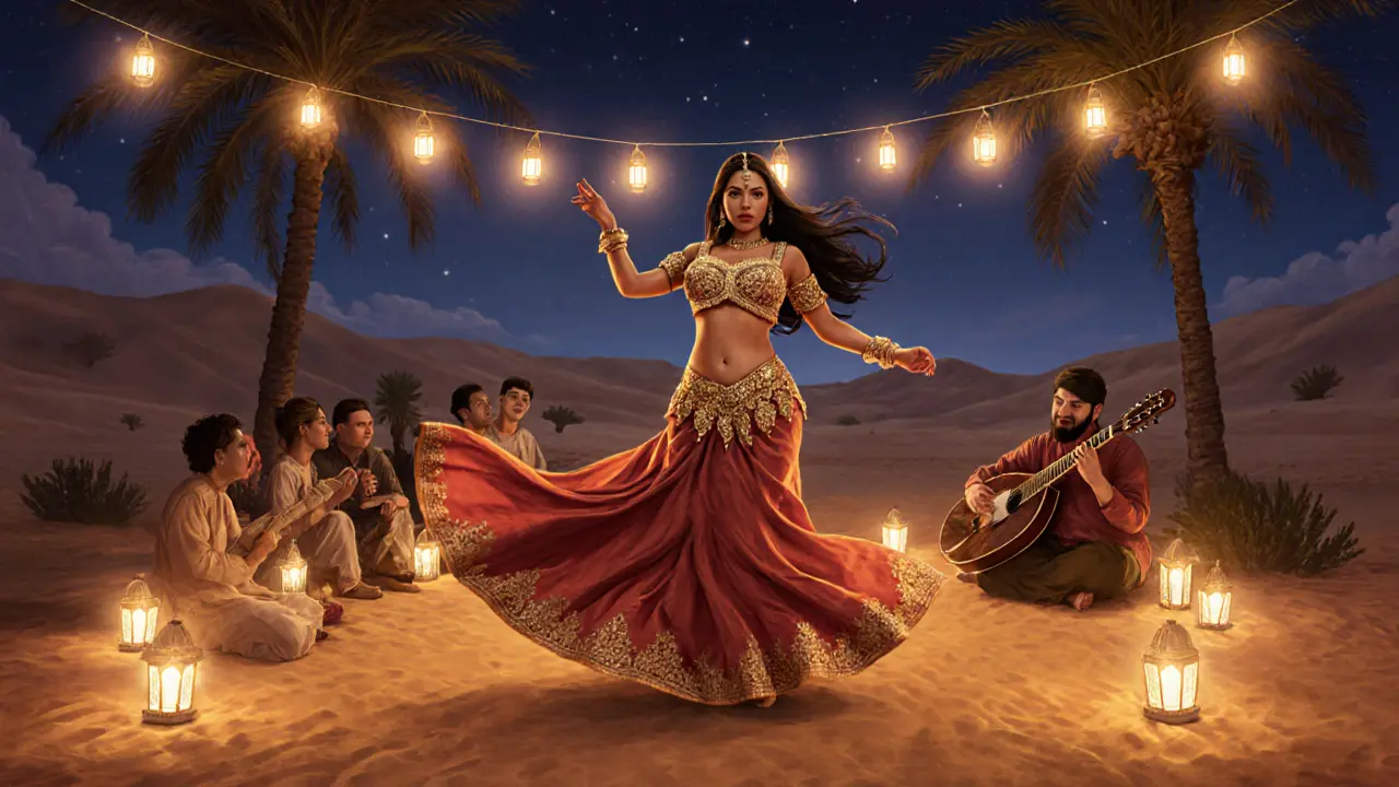 A belly dancer performing at a desert resort under lantern lights, surrounded by traditional Arabic ambiance.