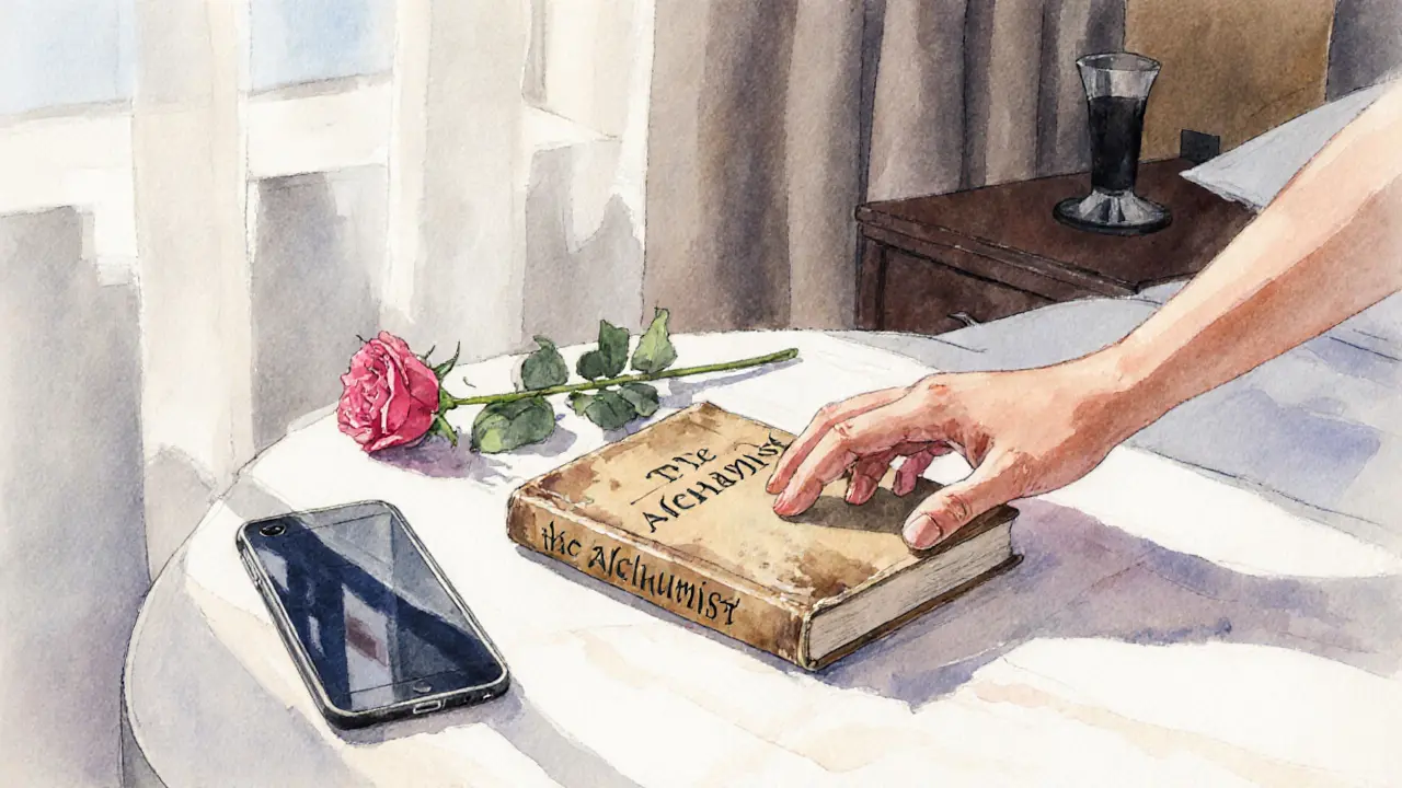 A book and rose left on a hotel bedside table, burner phone face down, morning light streaming through curtains.