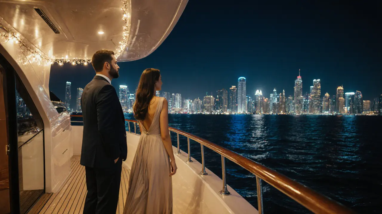 A businessman and his companion on a luxury yacht at night, gazing at Dubai&#039;s skyline under soft lights.