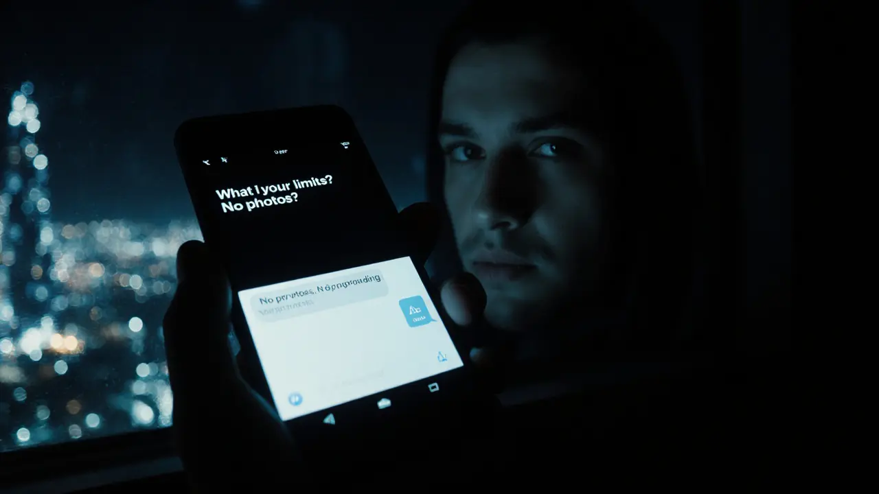 A dark smartphone screen showing encrypted messages about boundaries, reflecting a serious face.