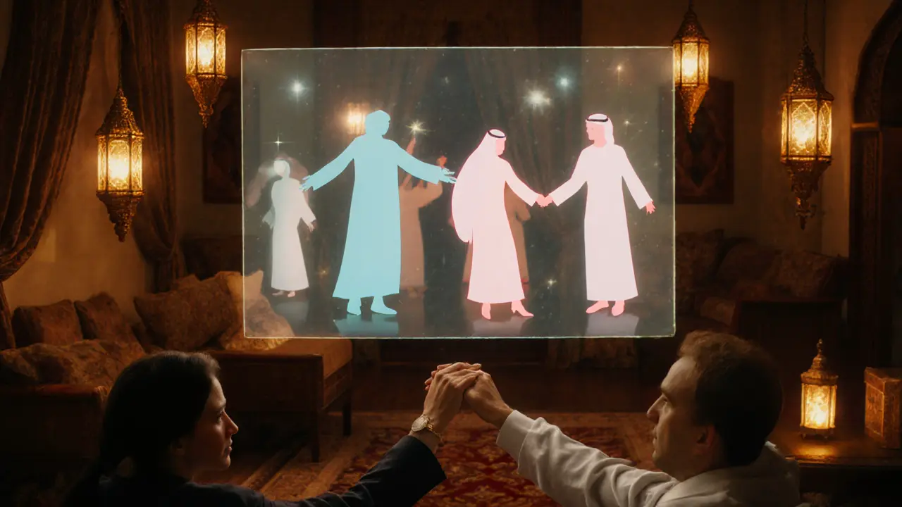 A digital fantasy screen hovers over a traditional Emirati living room as a couple&#039;s hands nearly touch but remain separated.