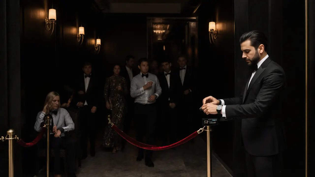 A discreet VIP entrance with a doorman checking wristbands, elegant guests entering a hushed, upscale venue.