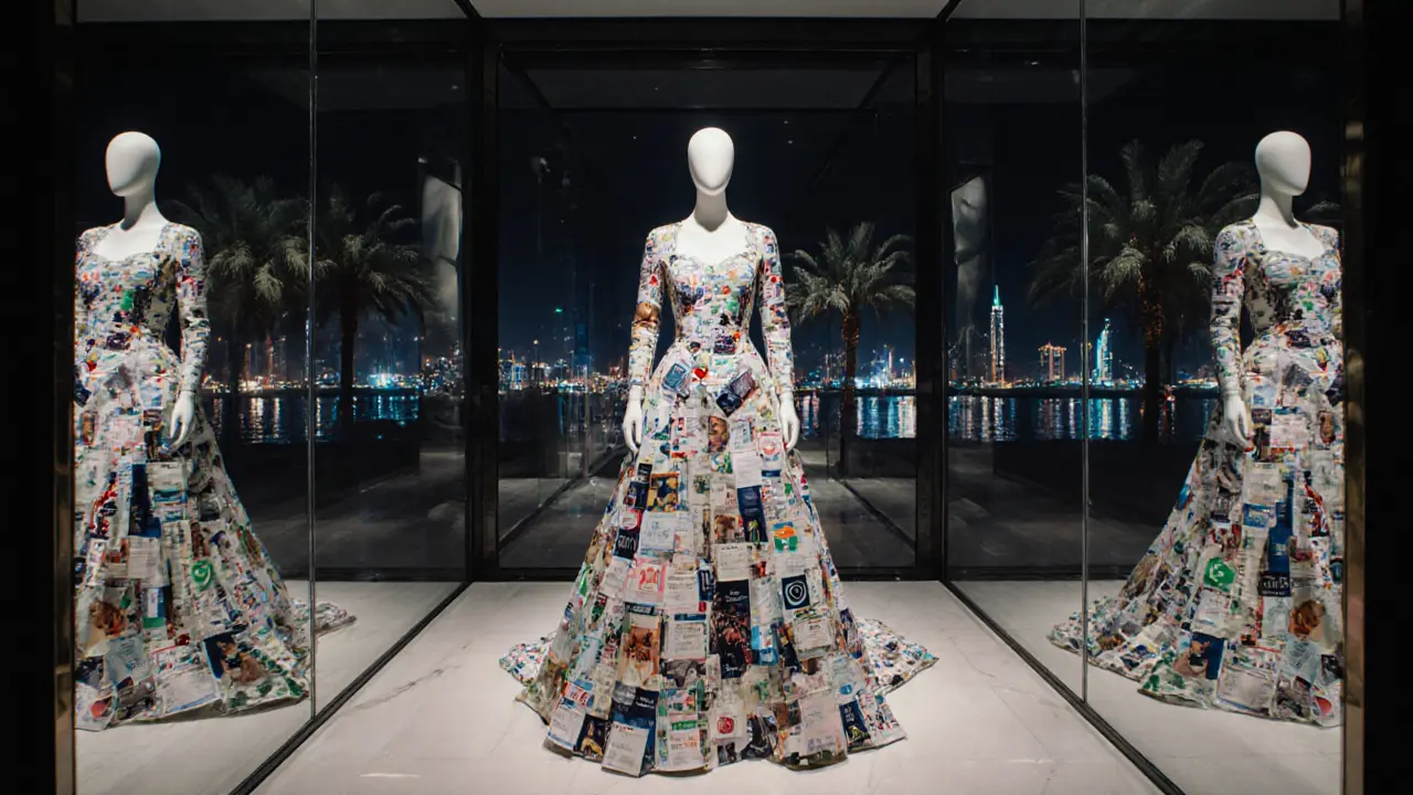 A featureless mannequin wears a gown made of social media icons, standing alone in an empty luxury boutique at night.
