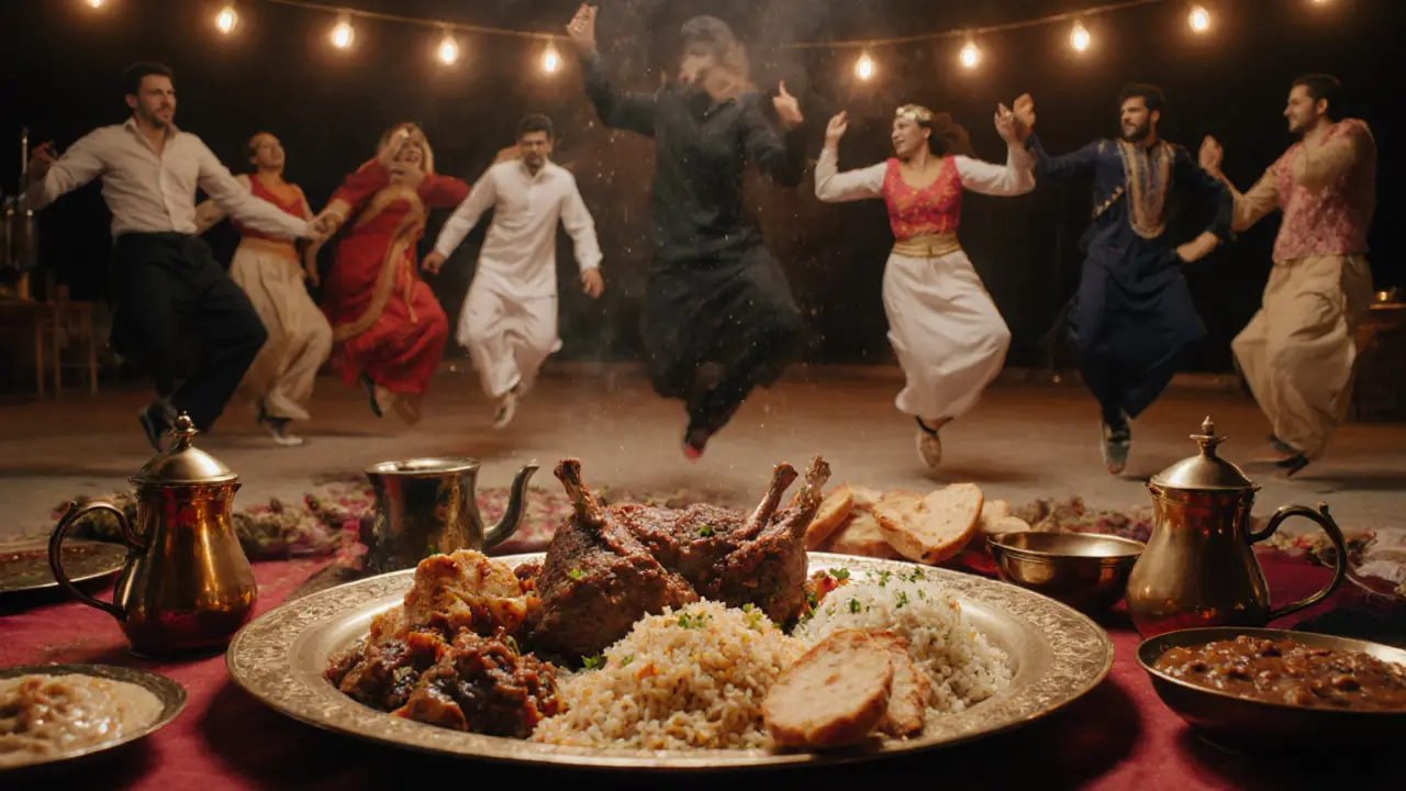 A festive Emirati feast with machboos, luqaimat, and bread, while a dabka dance group performs in the background.