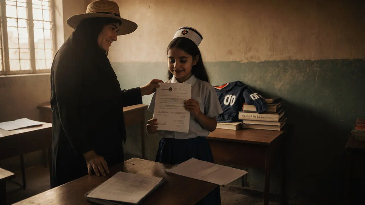 A girl holds her nursing school acceptance letter while a masked mentor smiles beside her in a classroom.